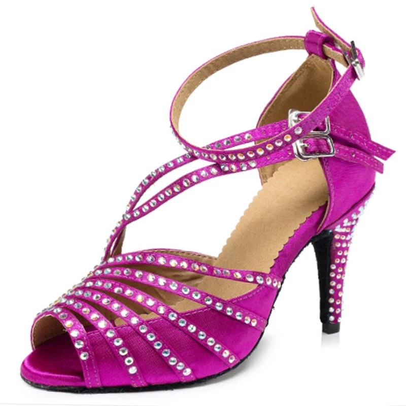 Latin Dance Shoes Ladies Salsa Tango Ballroom Party Dancing Shoes Satin Rhinestones Black Skin Rose Red Girls Sandals High Heel