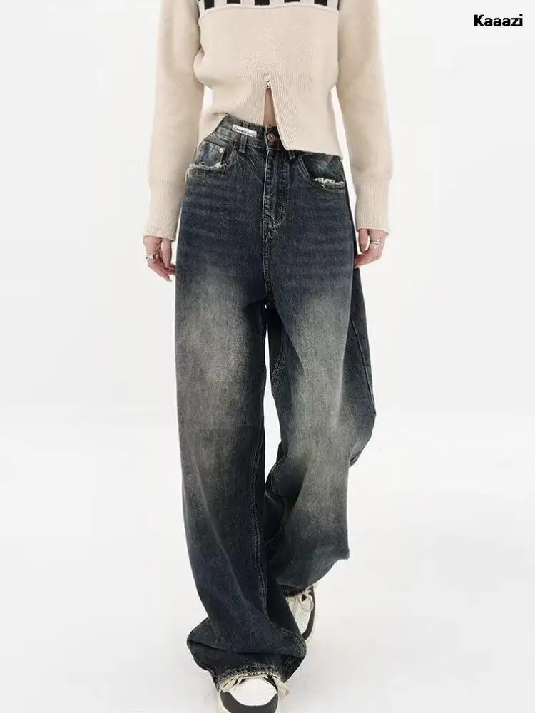 

Fashion Summer Harajuku Streetwear Retro Women Y2K Baggy Pants High Waist Jeans Loose Wide Leg Straight Black Denim Trousers New