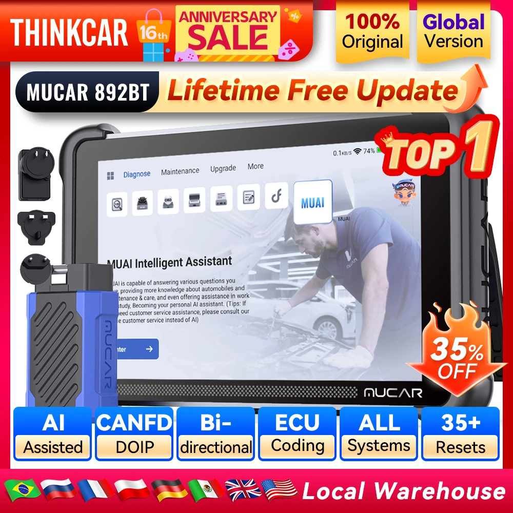 MUCAR 892BT Programmation de clés avec TKEY 101 Outil de diagnostic automobile Scanner OBD2 bidirectionnel Codage ECU CANFD DOIP 35 réinitialisations Système complet Mises à jour gratuites à vie