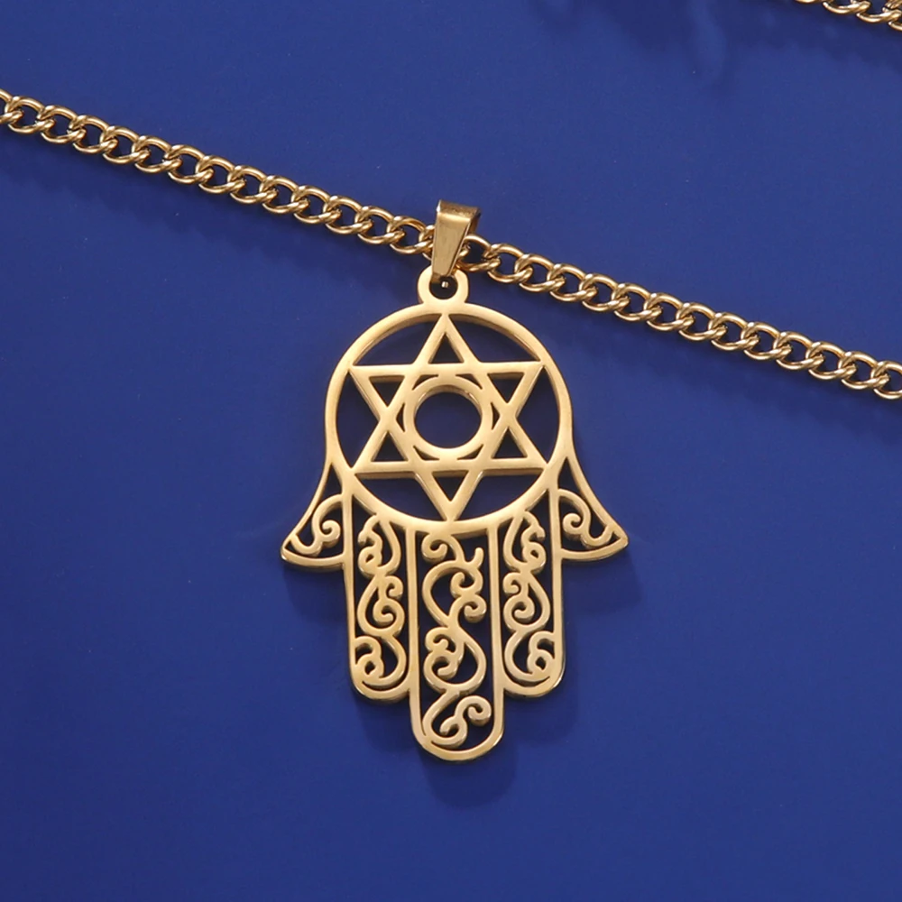 14k Yellow Gold Hamsa Hand Star of David Pendant