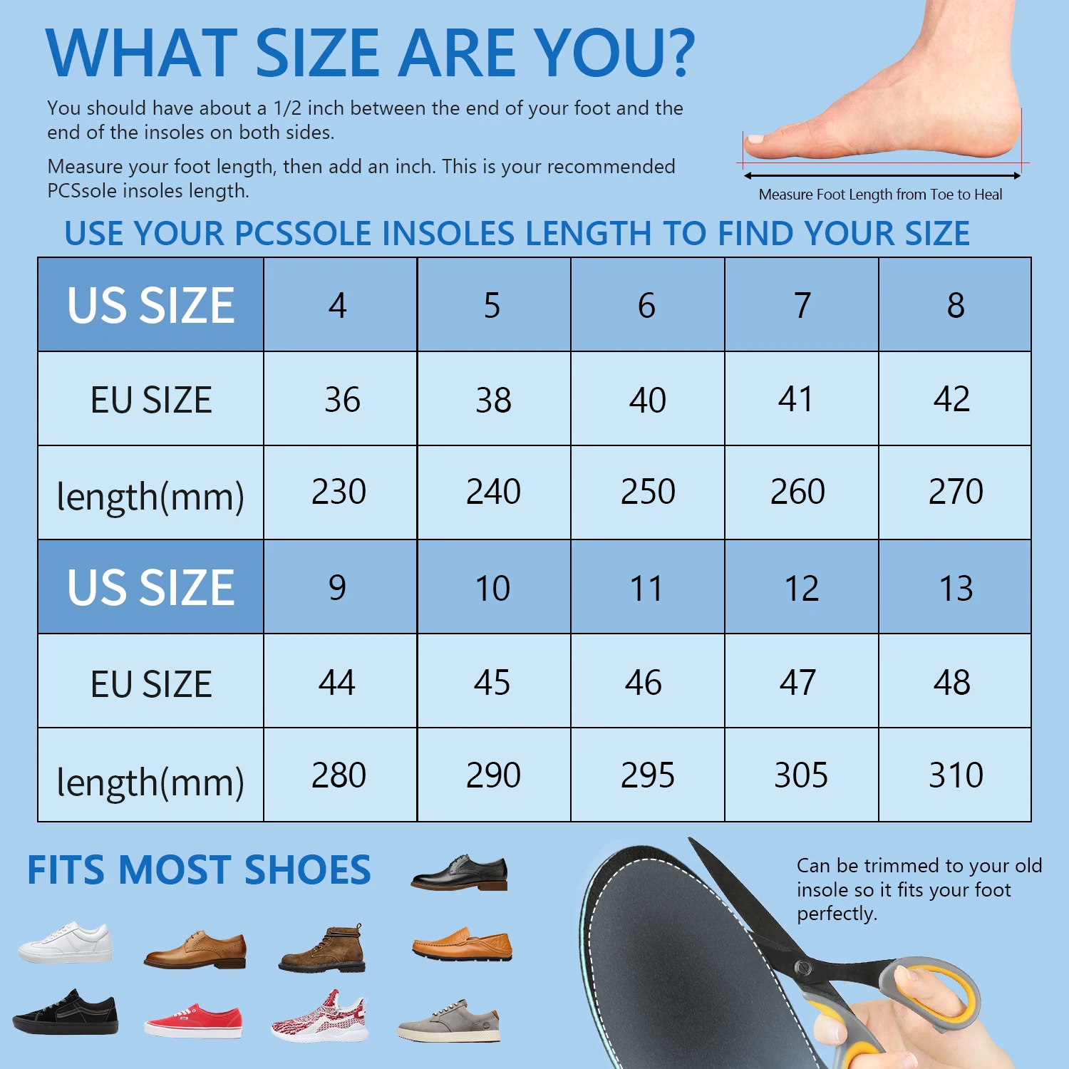 PCSsole Arch Support Insoles,Inserts for Flat Foot Plantar Fasciitis Shoe Insole Memory Foam Orthopedic Insoles for Men Women