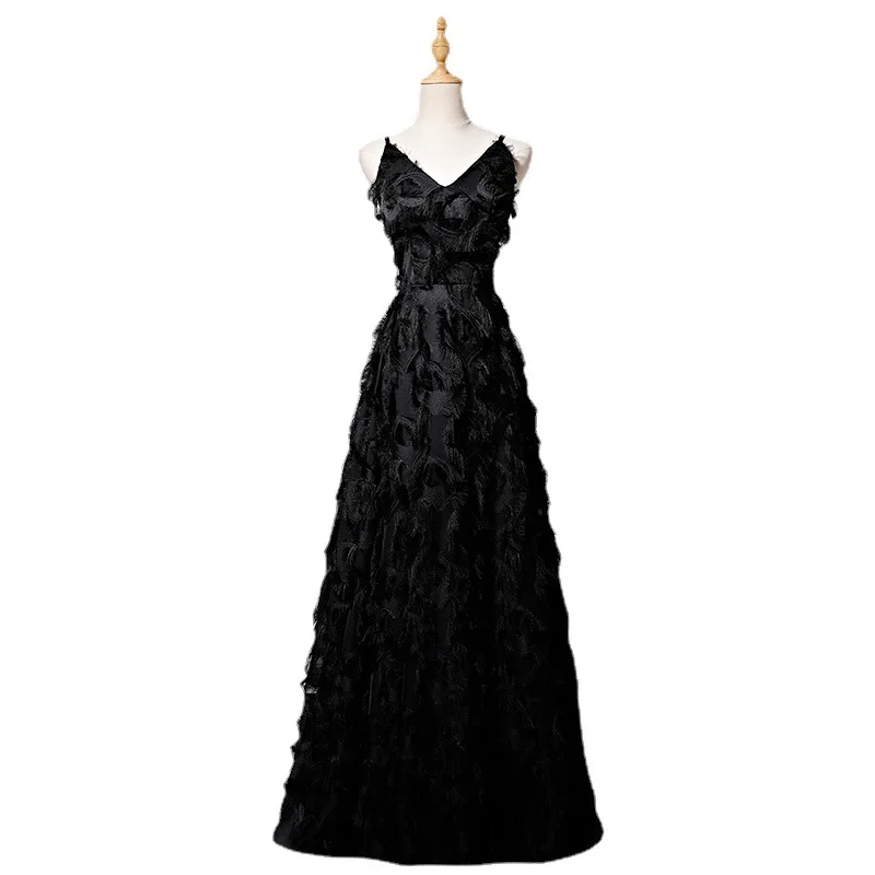 2026 Spring/Summer New Women's V-neck Feather Black Banquet Sexy Evening Dress Fashionable Slimming Strap Long Dress Customize 5