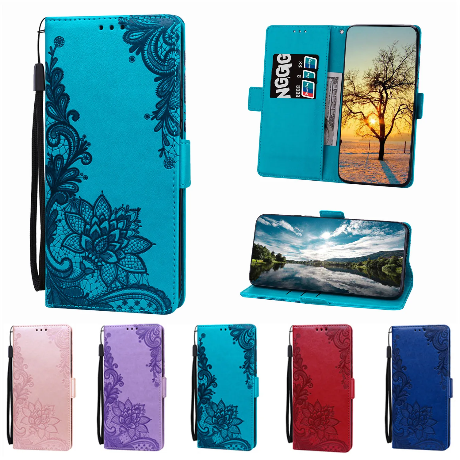 Luxury Leather Lace Embossed Flip Wallet Phone Case with Stand Feature