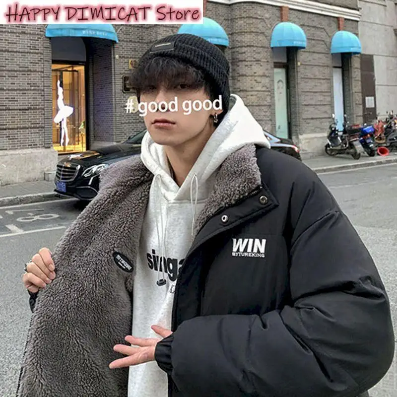 Male Padded Coat Warm Jackets Harajuku Fleece Thicken Letter Graphic Men Winter Coat Stand Collar Oversize Parkas Korean Style