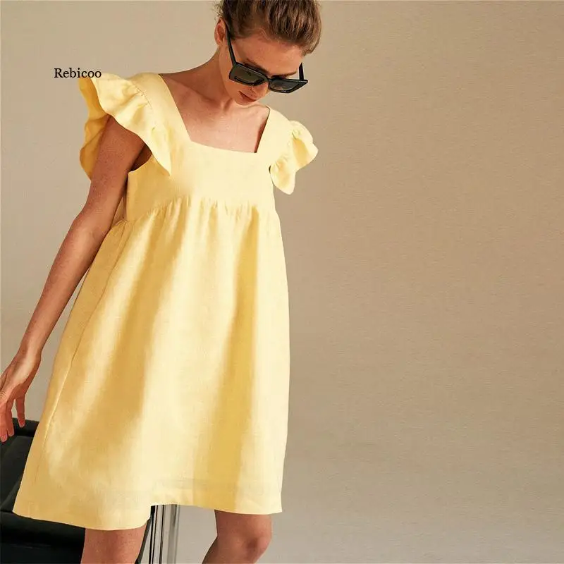 

Women Square Collar Butterfly Sleeve Mini Dress Sweet Casual Solid Backless Ruffle Party Dresses Summer Loose Pocket Beach Dress