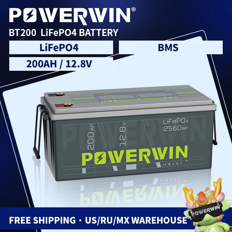 Lithium Battery POWERWIN 12.8V 200Ah GradeA LiFePO4 BT200 2560Wh/1280W Built-in BMS 200A 4000+ Deep Cycle Boat Solar Rechargeable