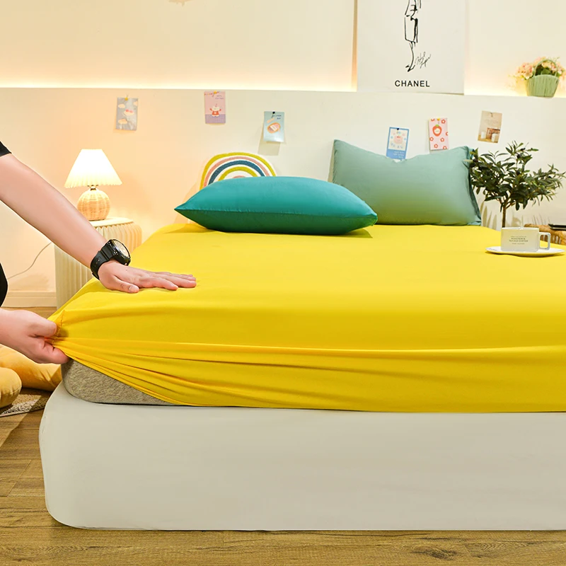 Yellow Fitted Sheet Cotton 1pcs Protective Mattress Cover Non-Slip Bedspreads King Queen Single Bed Fitted Sheet(No Pillowcase) 4