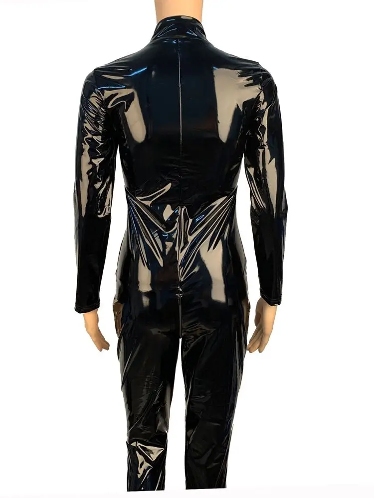 S-5XL Unisex Wet Look PVC Catsuit Shiny PU Leather Two Way Zipper Open Crotch Bodysuit Tights Cosplay Leotard Conjoined Jumpsuit