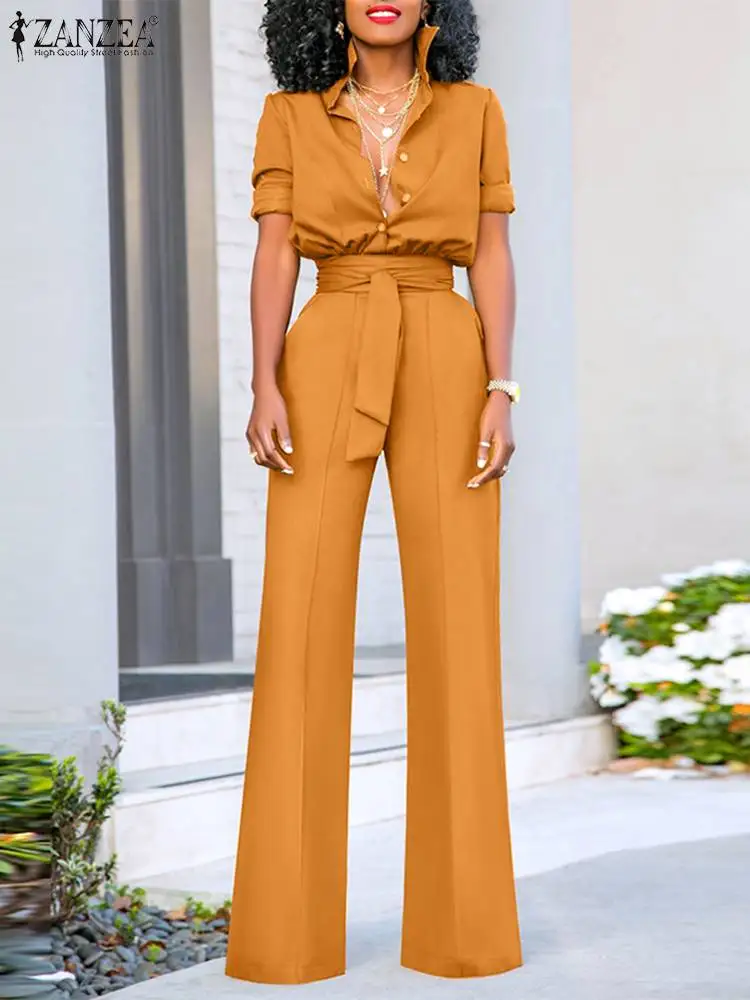 

ZANZEA Vintage Oversize Jumpsuit Sexy Lapel Collar Long Romper Office Lady Belted Loose Playsuit 2024 Spring Long Sleeve Overall