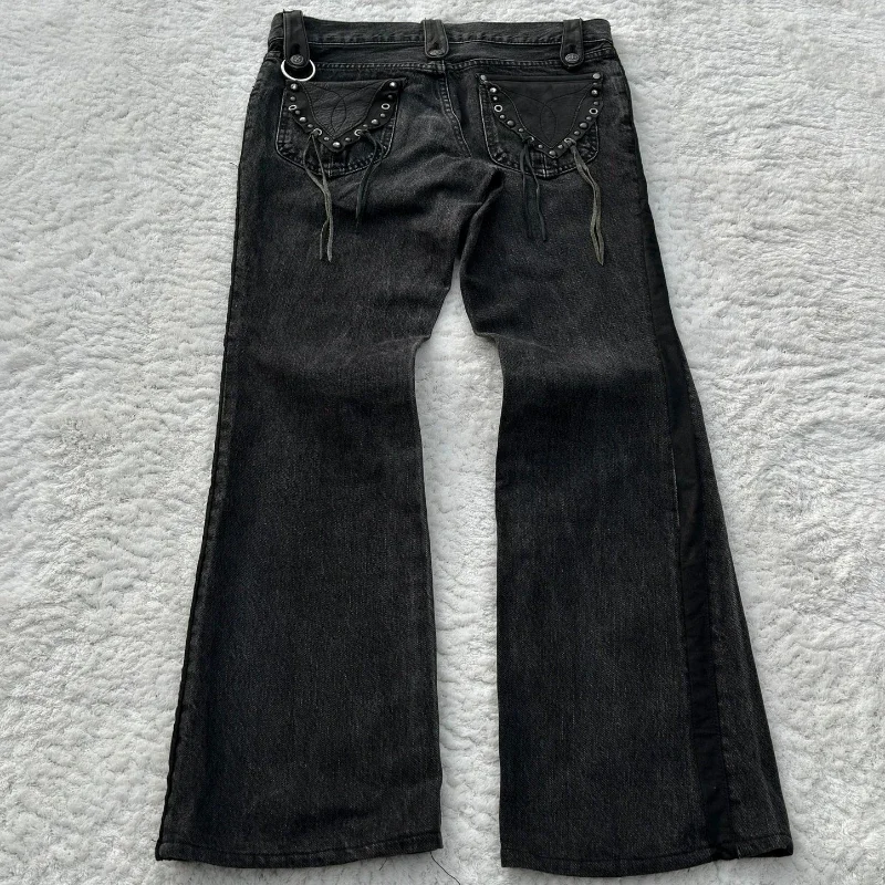 Y2K Dark Gothic Jeans Micro Flared Cross Leather Pocket Denim Pants Retro Harajuku Heavyweight Unisex Loose Streetwear Trousers 2