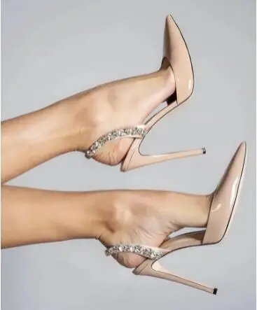 

Nude Red Patent Leather Pointed Toe Shallow Bling Crystal Rhinestone Elastic Band Thin High Heel Slingback Sandals Shoes Women