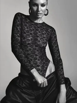 Lace Bodysuit Women's Bodysuit Auutmn Black Cutwork O-Neck Long Sleeves High Spandex Bodysuits Sexy Lingerie For Fine Women L5QW