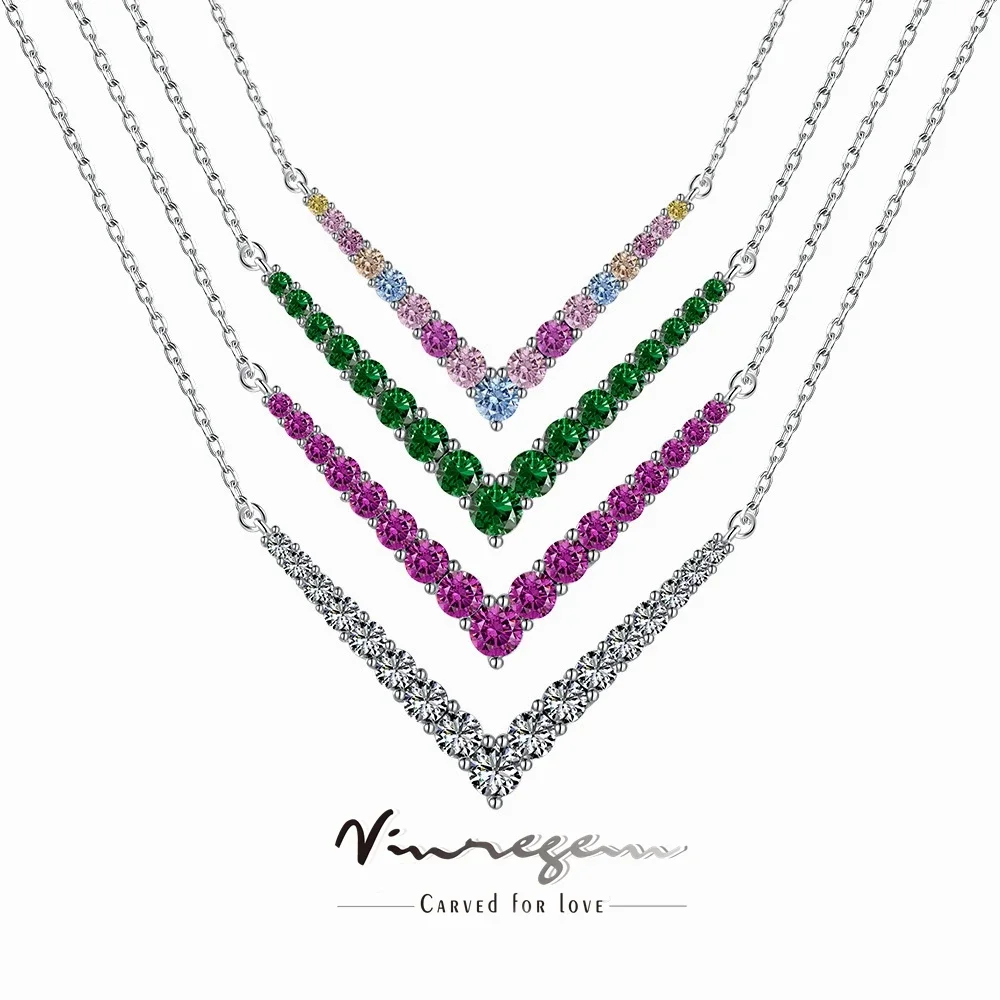 

Vinregem Round Cut Colorful Lab Created Sapphire Gemstone V Shaped Pendant Necklaces 925 Sterling Silver Jewelry Free Shipping