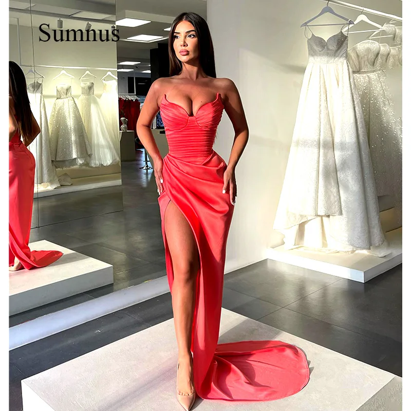 Sumnus Orange Prom Dress Strapless High Slit Party Dresses Back Zipper Sexy Women Evening Gowns Robe de Soiree Night Outfits