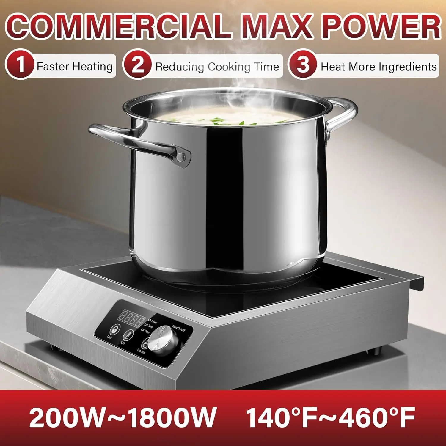 Commercial Induction Cooktop,1800W Induction Burner with sensor touch, knob and LCD screen,ETL-Certified Single Electric Burner