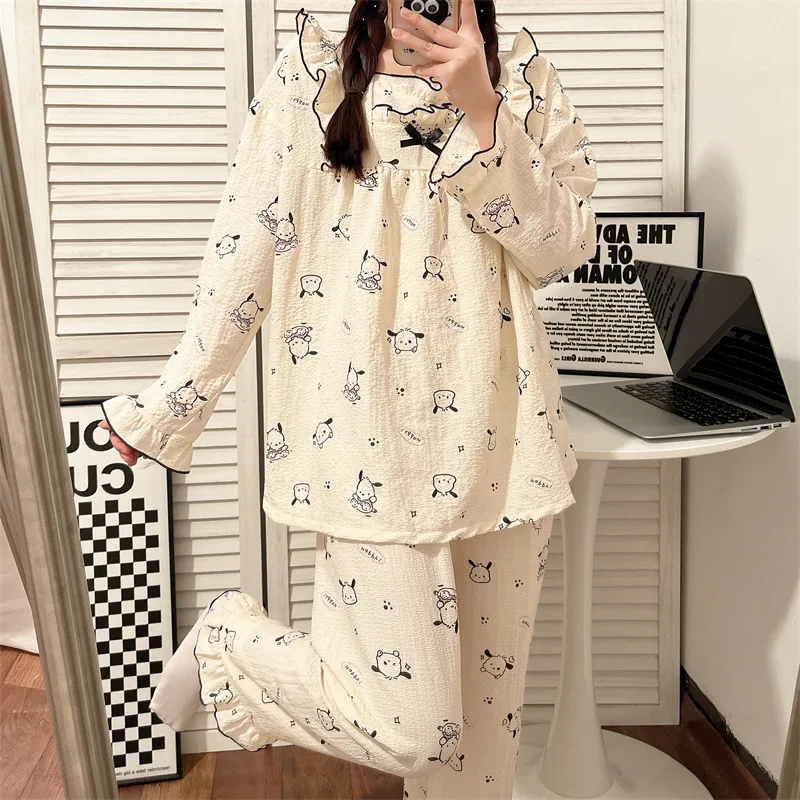 

Новинка Sanrio японская кавайная полакко пижама с длинными рукавами Женская весенне-осенняя Милая мультяшная Удобная Повседневная Свободная Домашняя одежда