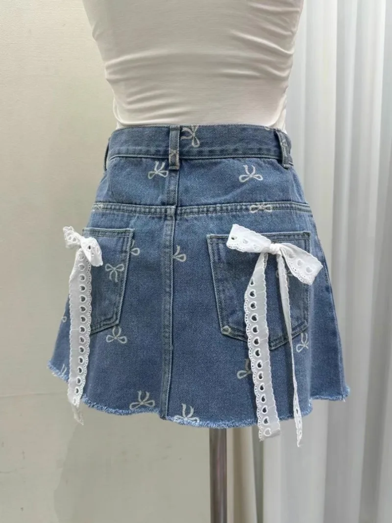 

Y2k High Grade Faldas High Waist Slim Print Bowknot Design Sense Denim Mini Skirt Korean Fashion 2024 Spring Summer New Jupe