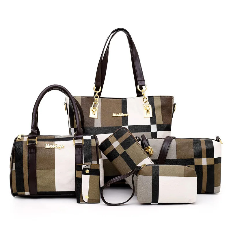6PCS Women's Bag Set Fashion PU Leather Ladies Handbag Grid Print Messenger Shoulder Bag Wallet Bags women evening bag canvas messenger bag