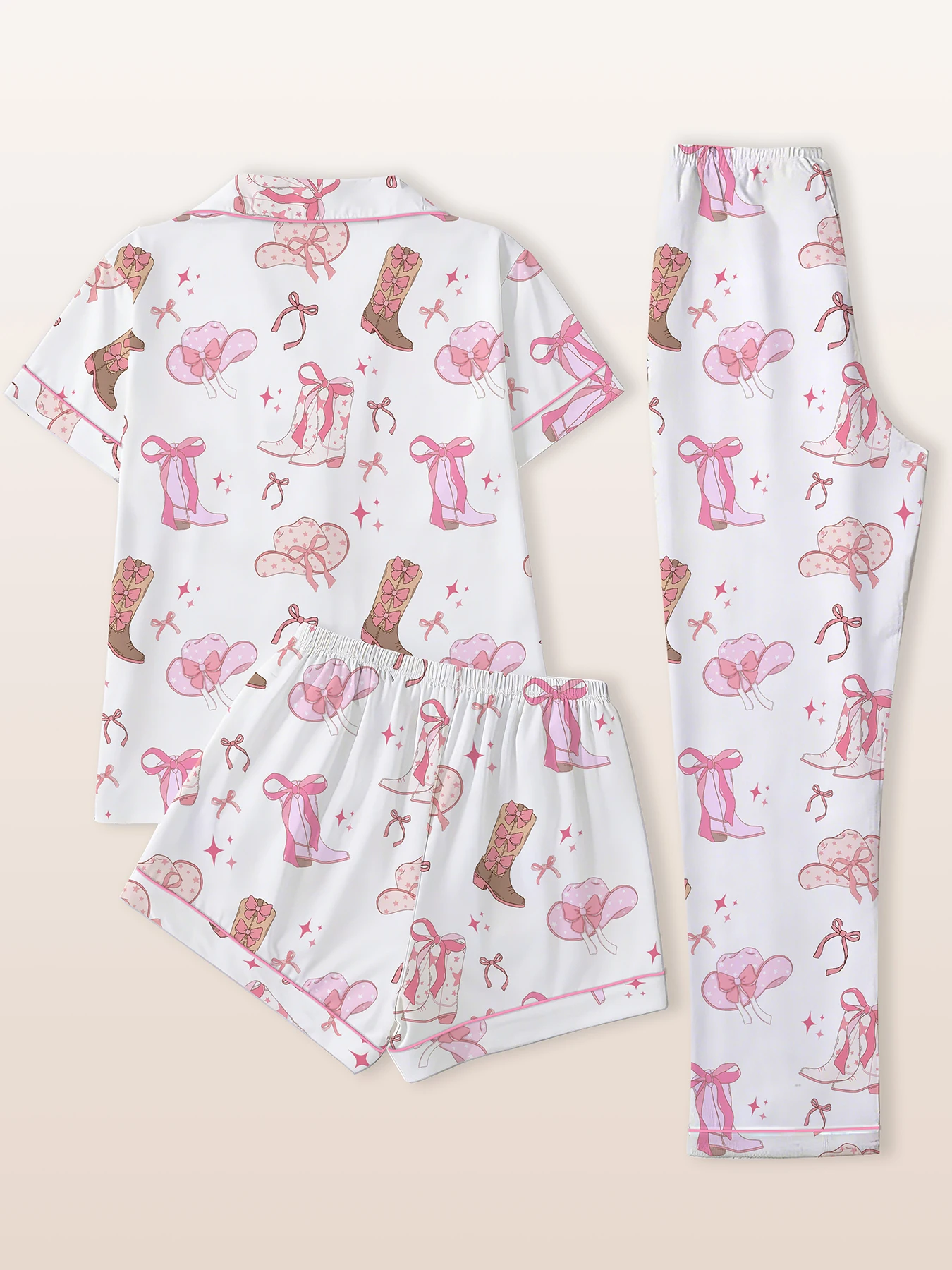Women Pajamas Notch Lapel Short Sleeve Shorts Pants 3 Piece Set Spring Summer Fall Cute Cowgirl Print Homewear 2
