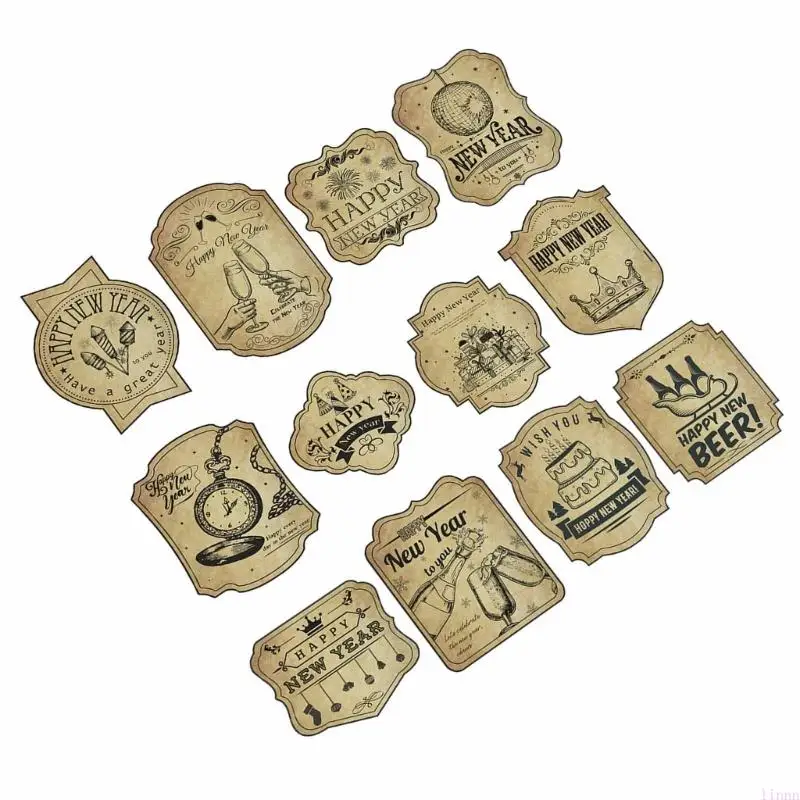 12Pcs Retro Happy New Year Wine Bottle Label Sticker for Home and Restaurant Use
