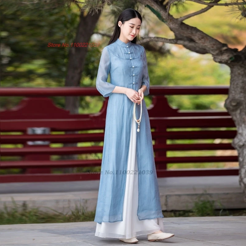 

2024 traditional women vintage set national improved cheongsam dress+pants set oriental tea service hanfu meditation tang suit