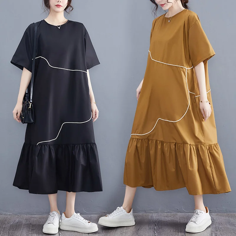 

#3675 Black Khaki A-line Dress Women Ruffles Long T-shirt Dresses Short Sleeve Vintage Office Midi Dress Female Pockets Summer