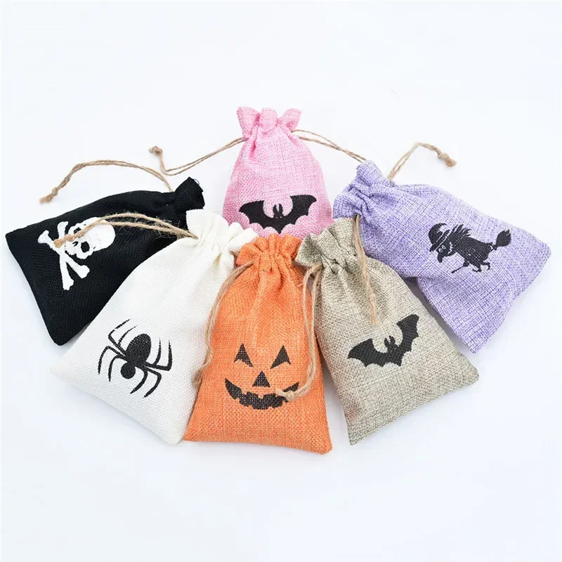 Halloween Candy Bag Drawstring Cotton Linen Snack Storage Holiday Gift Packaging Party Bags Bat Witch Pumpkin Pattern Pouches