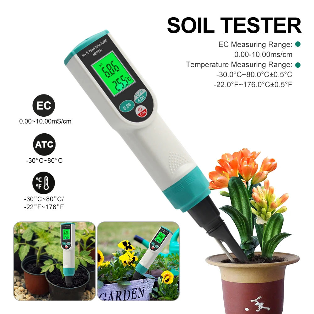 

Soil Tester 2 In 1 PH Meter Thermometer Battery Operated PH Test High Precision Probe Detector For Gardening Plants Farming Tool