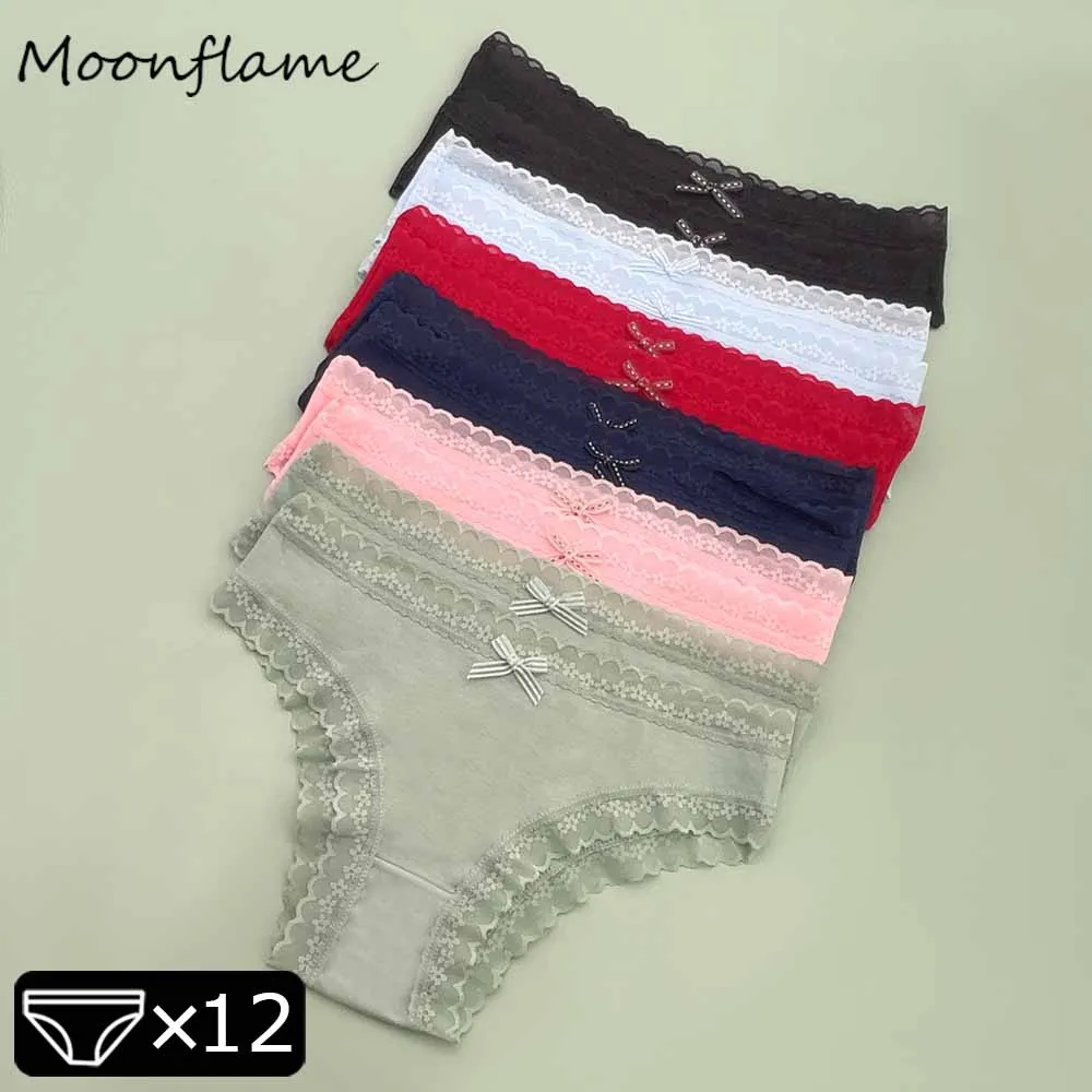 12 قطعة من MOONFLAME سراويل داخلية نسائية ملابس نسائية قطنية منخفضة الارتفاع ملابس داخلية من الدانتيل
