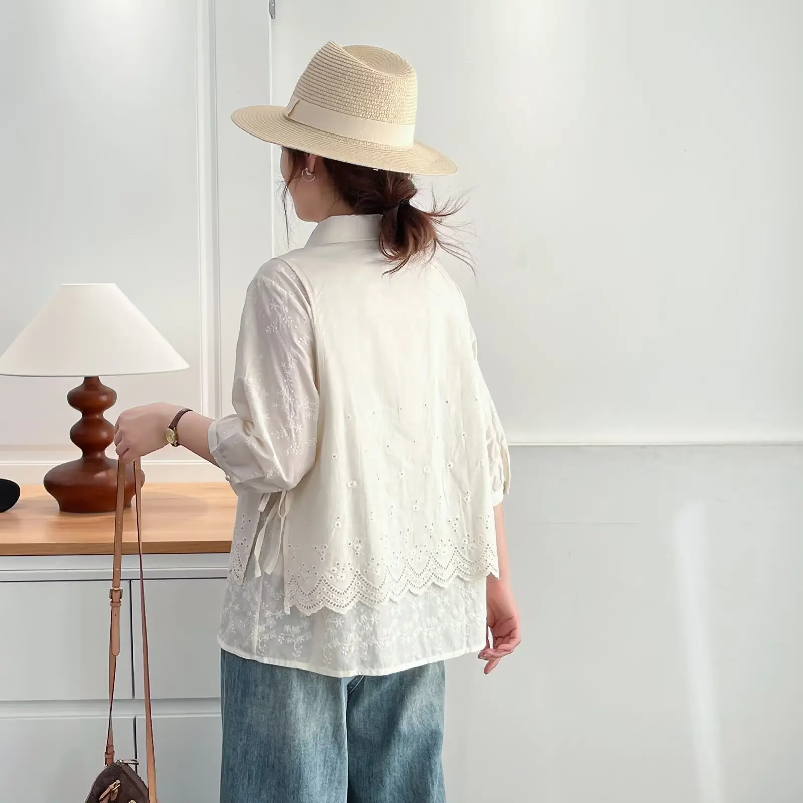 Fashion Plus Size Women's Blouses Autumn New mid-length three-quarter Sleeve Embroidered Cotton Fake two-piece Shirt 8311