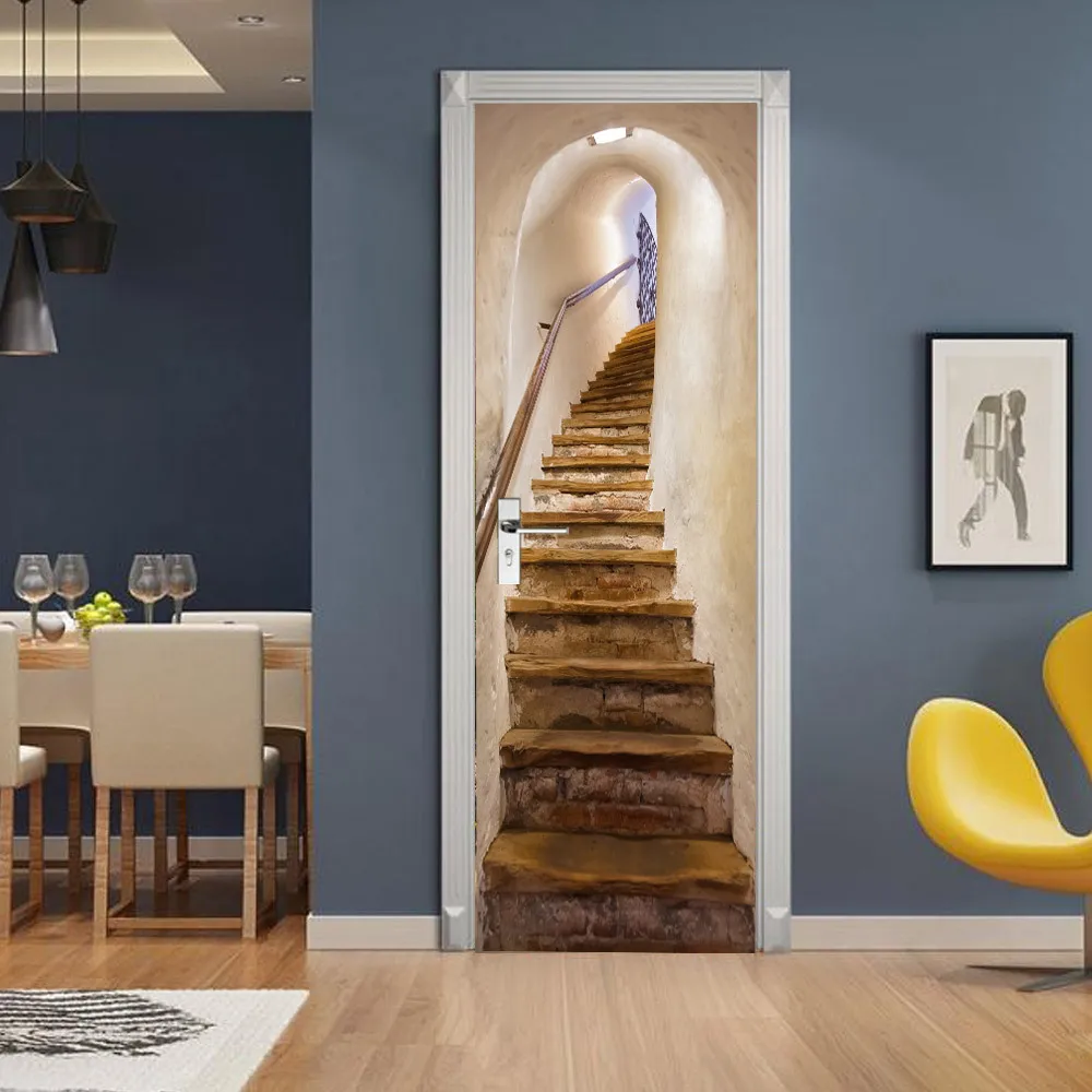 

Retro Steps Stair Door Stickers Adhesive PVC Waterproof Whole Door Mural Cover Photo Wallpaper Home Apartment Renovation Decor