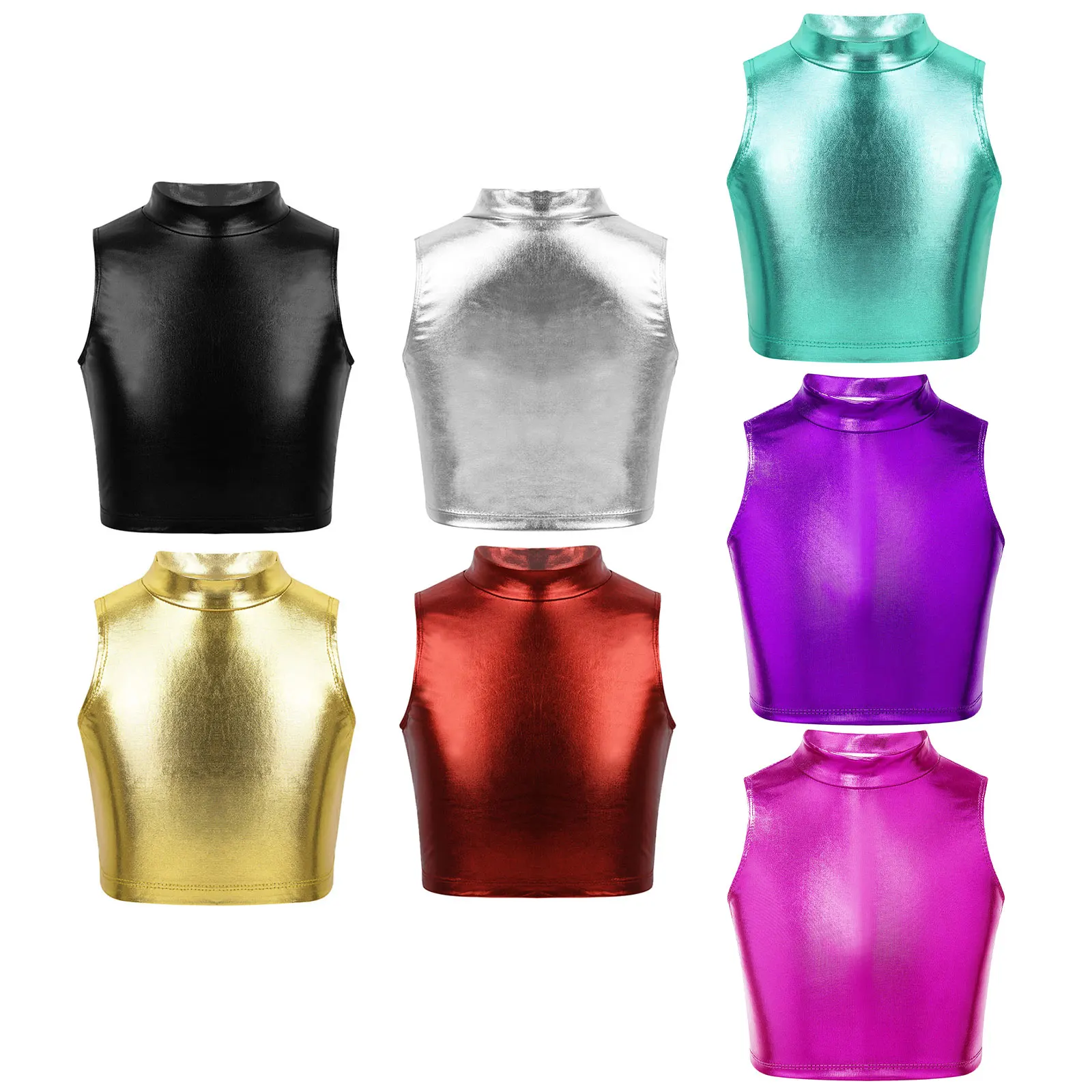 Children Kids Tanks Camis Girls Tops Shiny Metallic Sleeveless Racer Back Crop Top for Ballet Dance Stage Performance kids tops sport tank tops