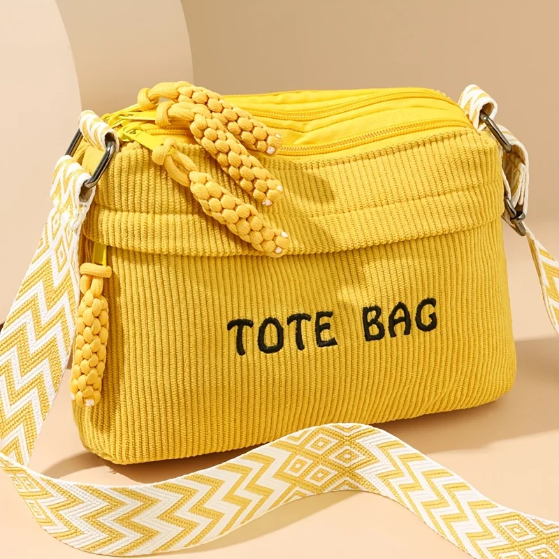 Women's Plush Fleece Tote Bag with Adjustable Strap Corduroy Handbag Shoulder Crossbody Bag Zipper Closure Golden Tone Hardware