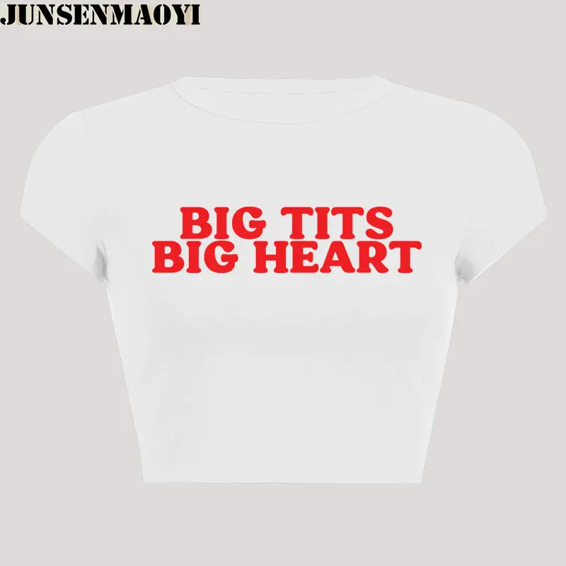 Big Tits Big Heart Print Pattern New Summer Short Sleeve O Neck Cropped  Navel Women Crop Tops Fashion T-Shirt - AliExpress