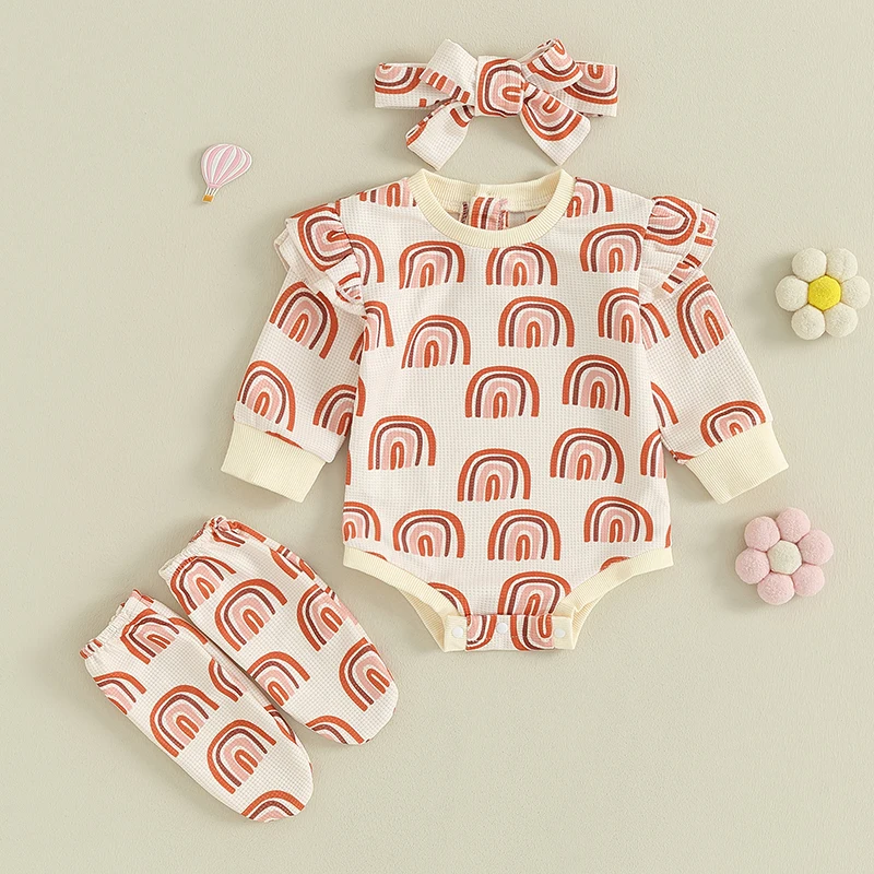 

BeQeuewll Baby Girls 3 Piece Outfits Rainbow Print Long Sleeves Romper and Cute Headband Socks for Toddler Infant Fall