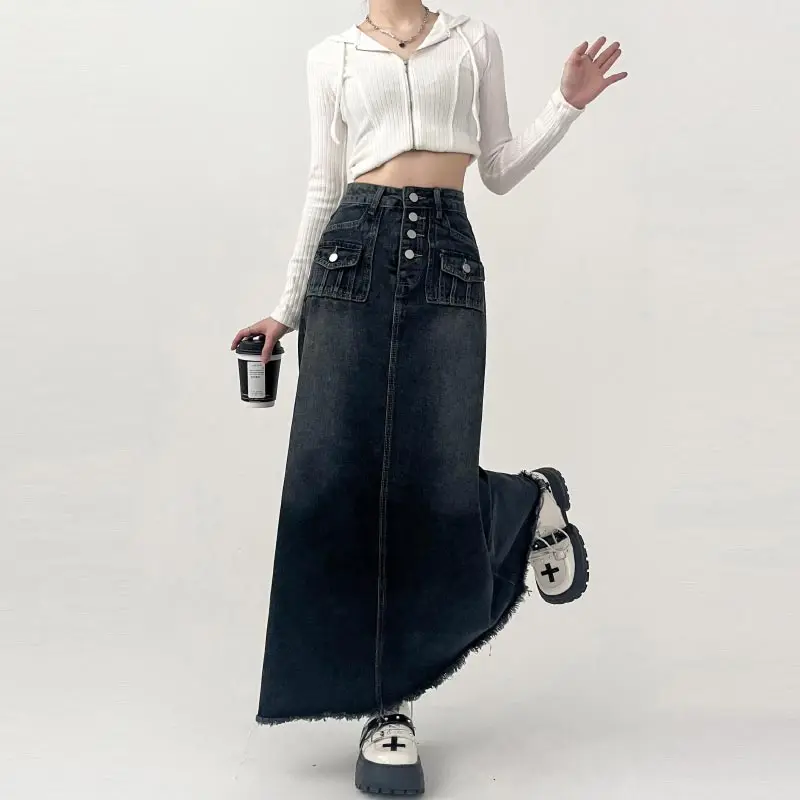 High-waisted Cargo Denim Skirt Women's Autumn Long A-line Mid-length Skirt  Retro Raw Edge Y2k Female Clothing Korean Style 3