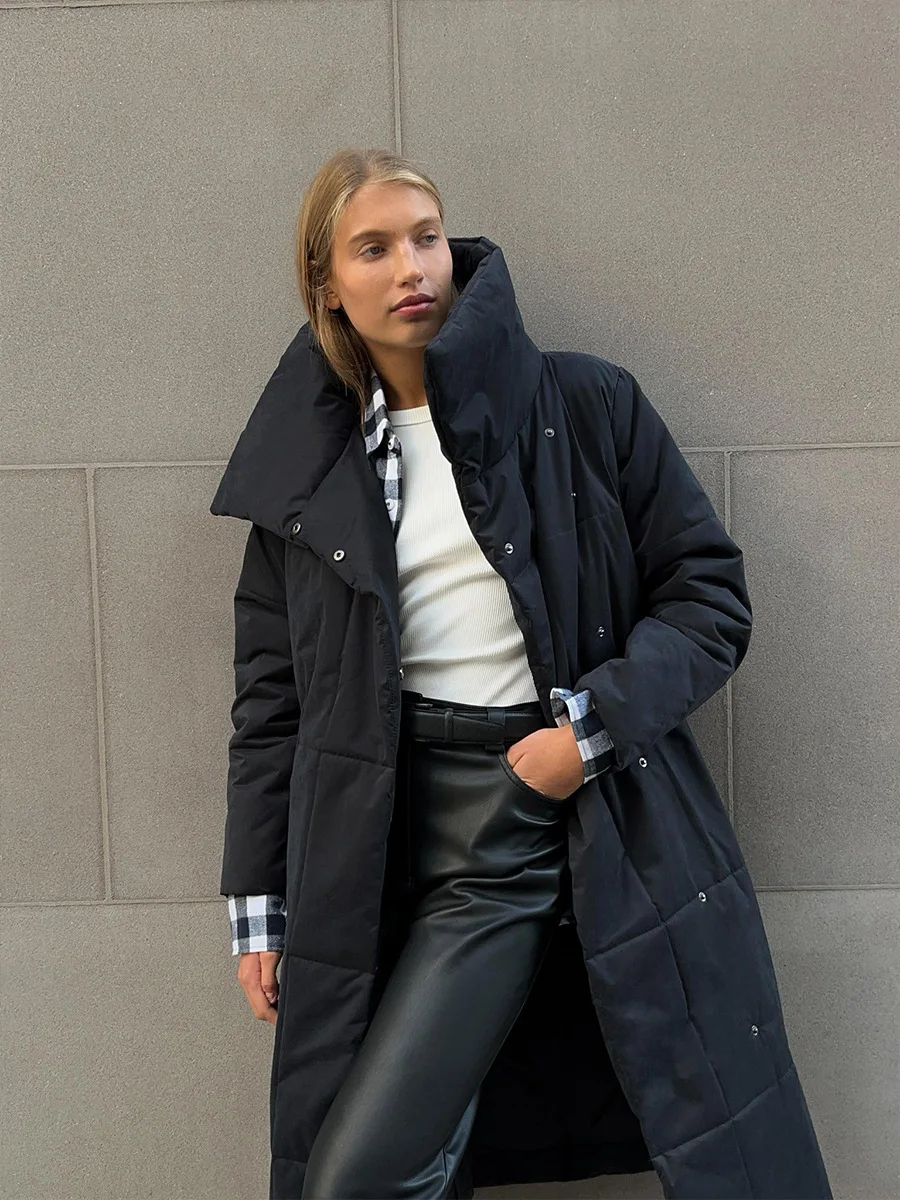 Winter Female Parkas Outwear Loose Lace-Up High Waist Long Sleeve Pocket Lapel Bandage Coat For Women Solid Parkas