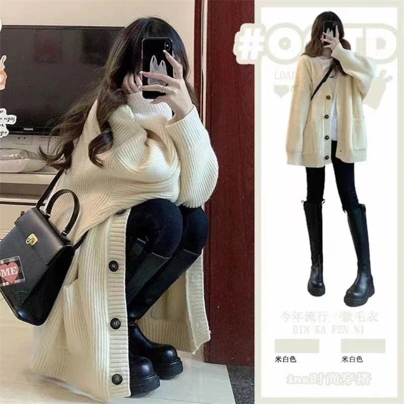 

Autumn and Winter New Sweater Women's Cardigan Student Korean Loose V-neck Versatile Solid Knitted Coat Cardigan