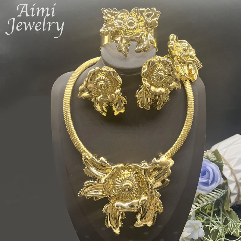 

Original 24K Flower Gold Plated Jewelry Set African Big Size Necklace Pendant Earring Bracelet Ring Fashion Party Wedding Gifts