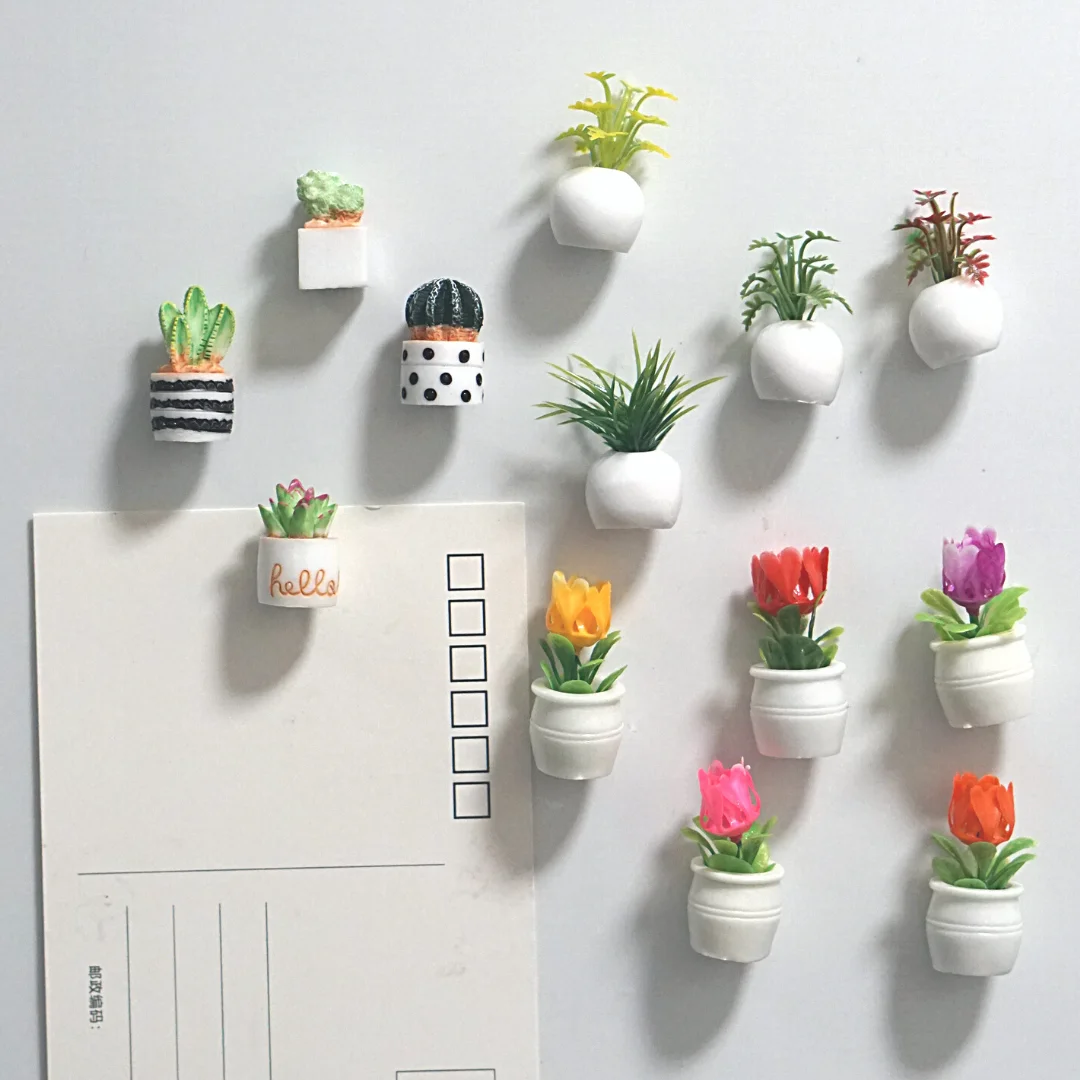 Magnetic Fridge Stickers 4-5pcs Cactus Fridge Magnet Plant and Flower 3D Cute Grass Message Board Reminder Home Decoration