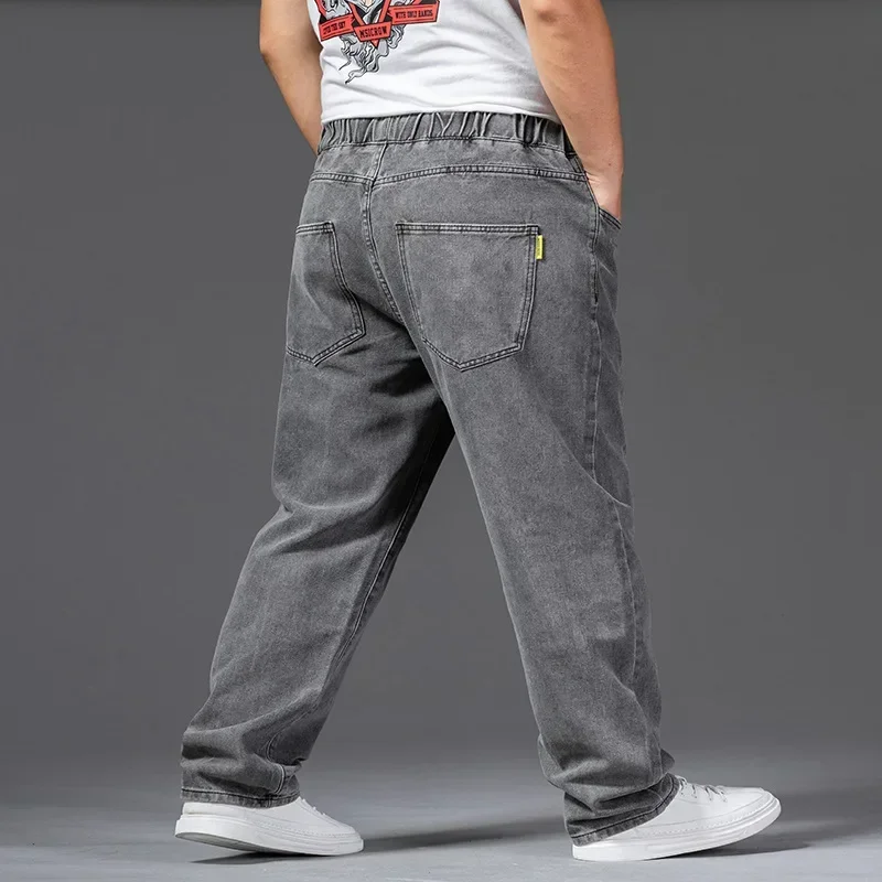 Thick Thigh Wide Leg Jeans For Men Autumn Straight 140KG Stretched Gray Denim Trousers Elastic Waist Plus Size 42 46 Male Pants
