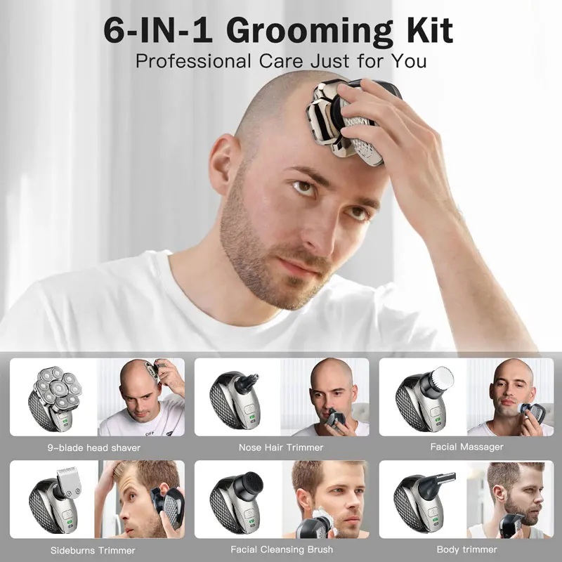 Men's Bald Head Electric Shaver 9 Blades Floating 6In1 Heads Beard Nose Ear Hair Trimmer Clipper Facial Brush Rechargeable Razor 3