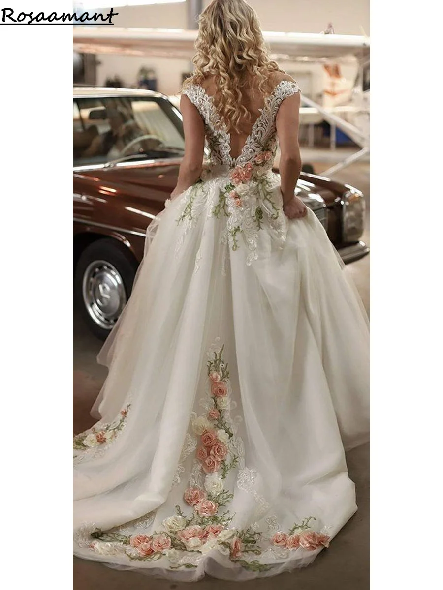 

Luxury 3D Flowers Off The Shoulder A-Line Wedding Dresses Open Back Appliques Lace Ribbons Bridal Gowns Robe De Mariee