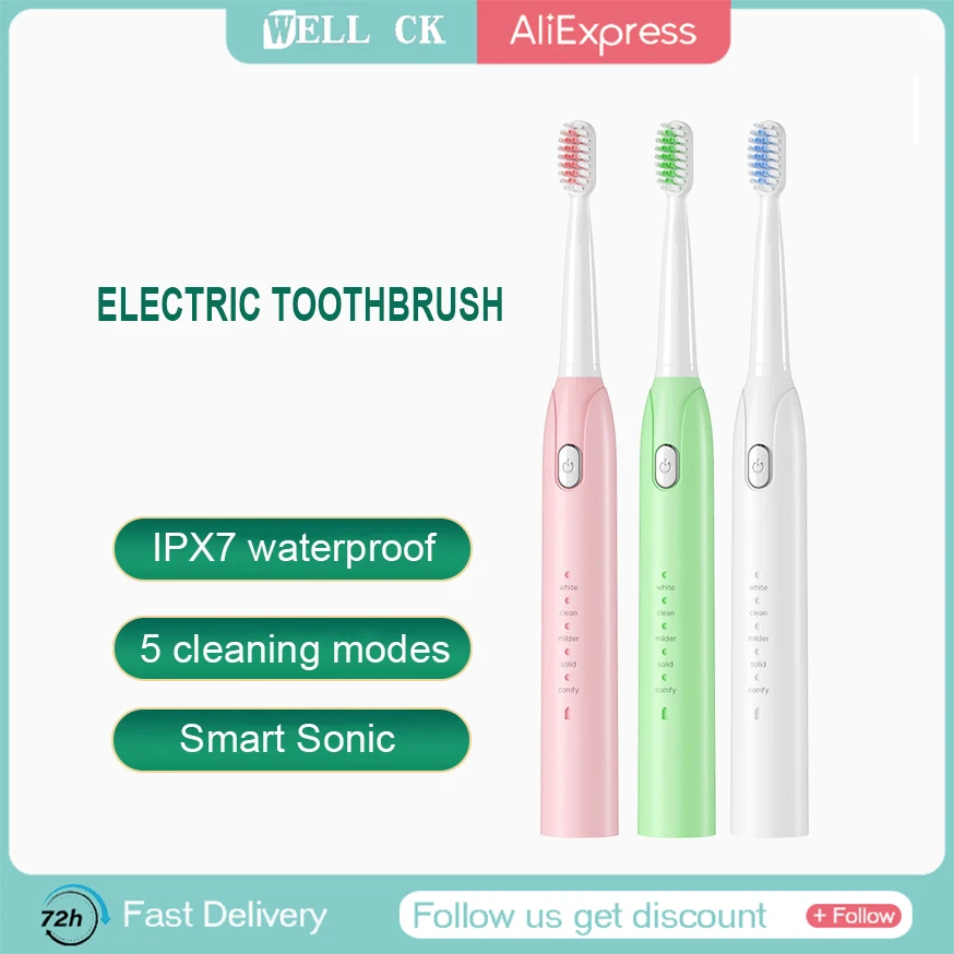 Electric Toothbrush Sonic Tooth Brush for Adult Brush 2 Heads USB Rechargeable Replacement Set Teeth Cleaner Timer 5 Modes IPX7