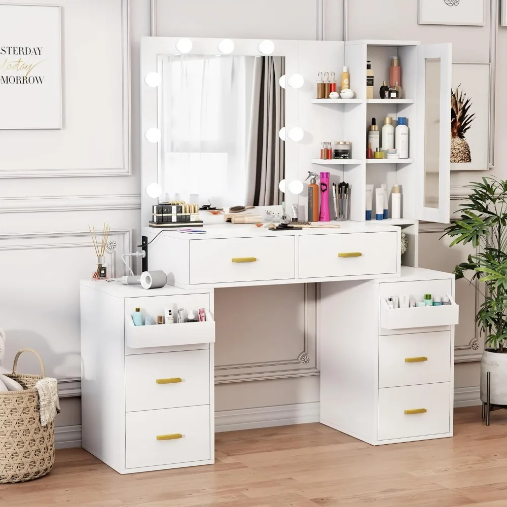 

Dresser with mirror and 3-color light, with charging station, with 8 drawers and glass cabinets and storage shelves, dresser