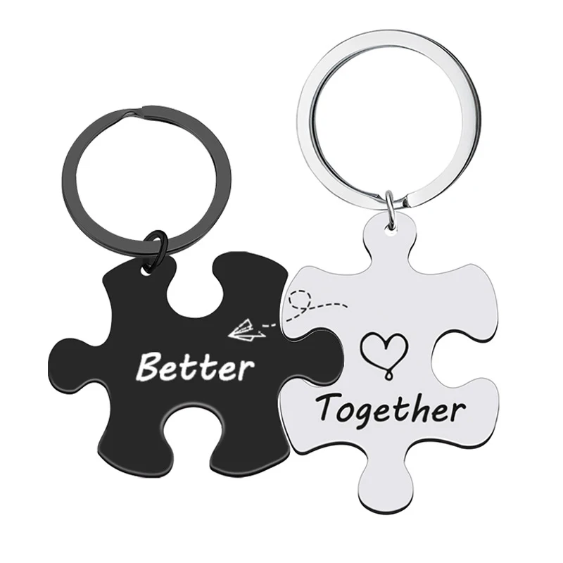 

2Pcs/Set Stainless Steel Puzzle Pendant Couple Keychains Inspirational Word Key Chains Birthday Gifts Bag Pendant