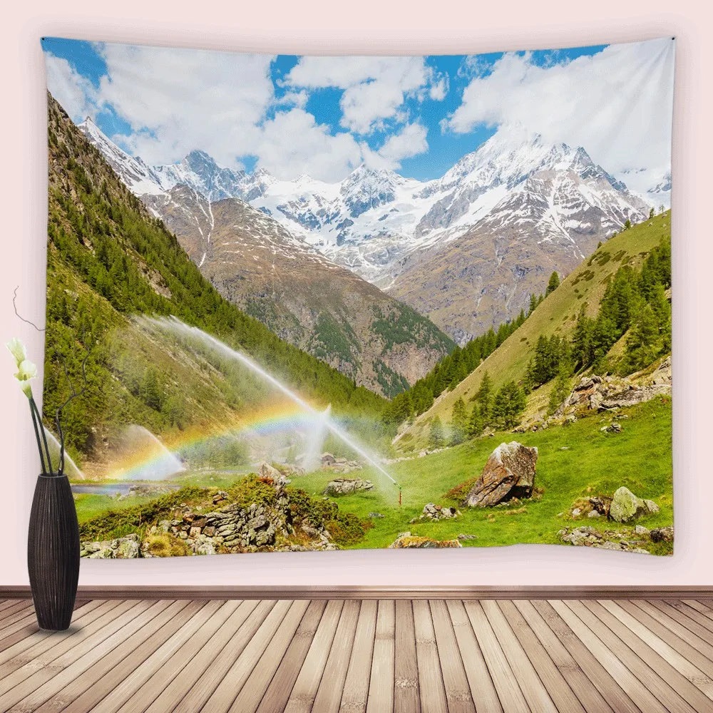 

Landscape Wall Decor Tapestry Natural Lake Mountain Pine Trees Rainbow Hanging Fabric Tapestries Living Room Bedroom Dorm Home