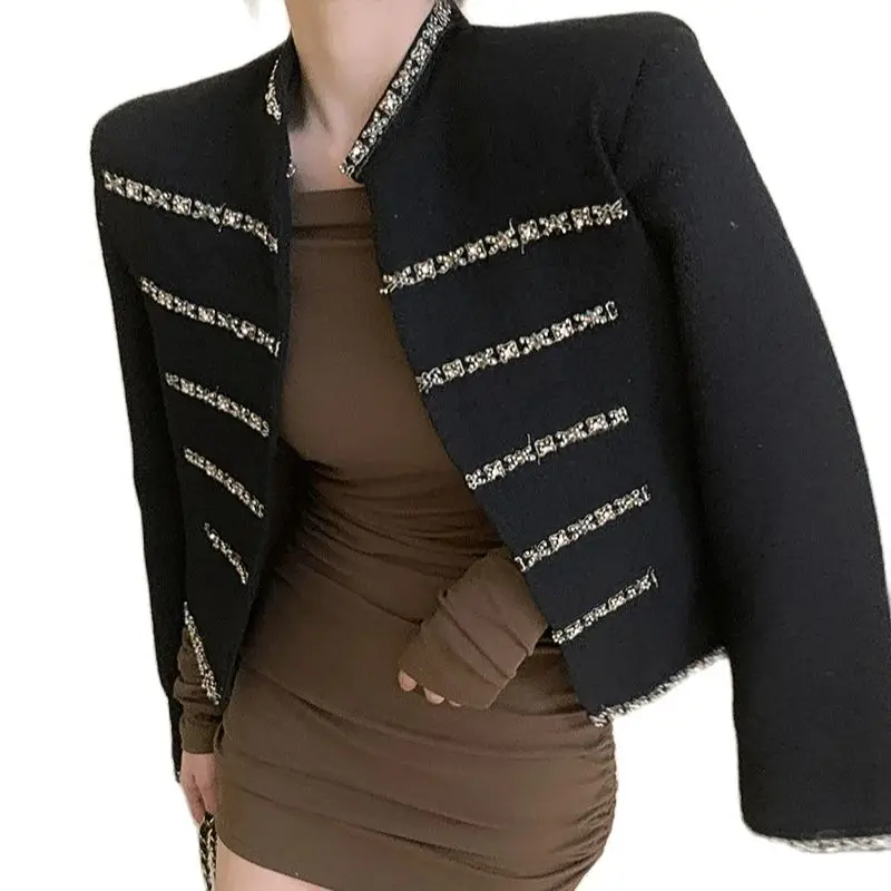 

Женское короткое пальто с длинным рукавом, Элегантная Модная винтажная твидовая куртка на осень и зиму