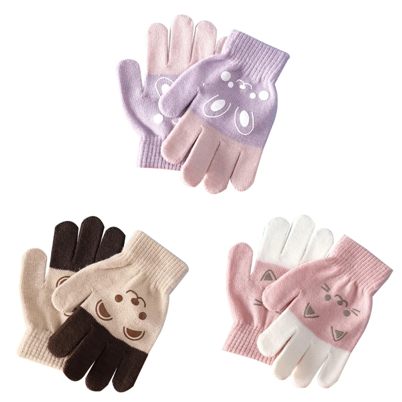 

D7YD Children Warm Gloves Winter Cold Cartoon Bear Bunny Pattern Finger Gloves