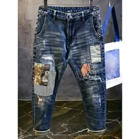 Rétro épissé ​ ​ Jean homme marque tendance déchiré ours Patch ample classique homme pantalon strass Denims larmes Streetwear pour homme 1